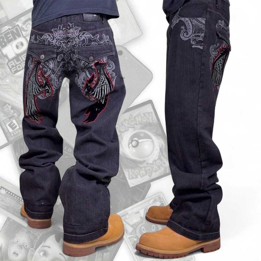 Vintage Raw Blue Baggy Wide Leg Skater Jeans Y2K Winged Graphic Black 36x32